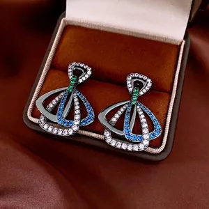 Boucles D Oreilles Éventail Géométriques Zircon Multicolore Cuivre Plaqué Noir Avec Tige En Argent Pour Femme