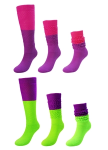 Detailed knit texture of colorful slouch socks in pink, purple and neon green colors