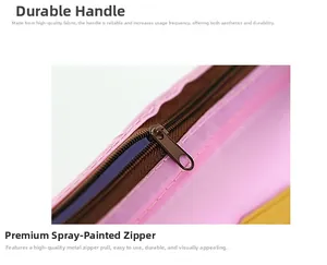 Detail of durable pink handle and premium brown painted metal zipper on a quilted bag