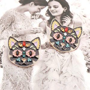 Exaggerated black cat alloy earrings with colorful rhinestones and enamel details