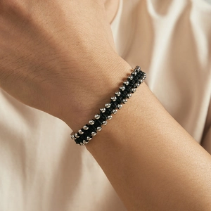 Bracelet pour homme en corde noire tressée à la main avec double rangée de perles acier