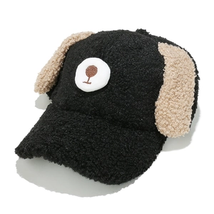 Cute puppy lamb wool baseball cap with furry dog ears in black and khaki colors