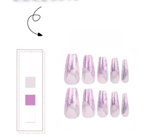 Detail of purple marble press-on nails with silver glitter in long coffin shape