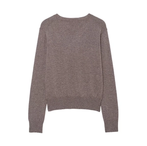 Classic dark brown wool blend knit sweater with ribbed cuffs and hem, rear view