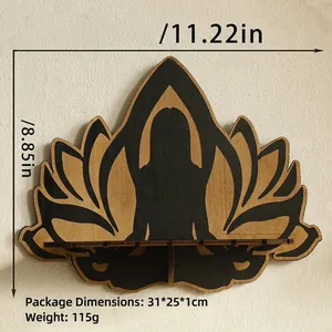 Detailed view of yoga meditation wood wall shelf with dimensions and lotus flower design