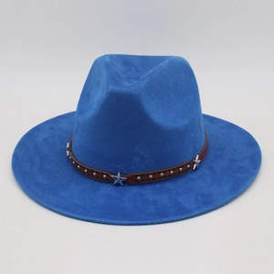 Detailed close-up of a blue fedora with brown leather band and silver star studs