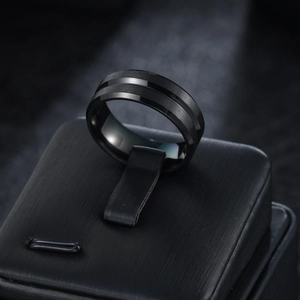 8mm black stainless steel ring for men with matte finish and polished center groove