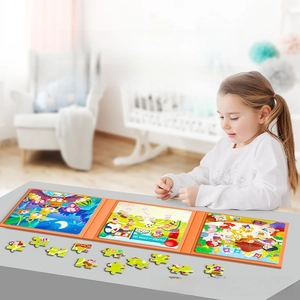 Three-fold magnetic puzzle book with forest and farm themes for toddlers early learning