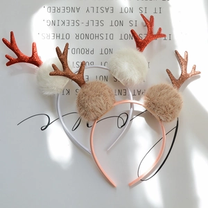 Christmas Antler Headband With Glitter Sequins And Plush Pom-poms Reindeer Ears Hair Hoop For Holiday Party Costume