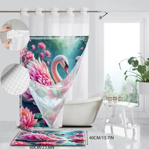 Waterproof swan shower curtain set with matching non-slip bath mat and metal grommets