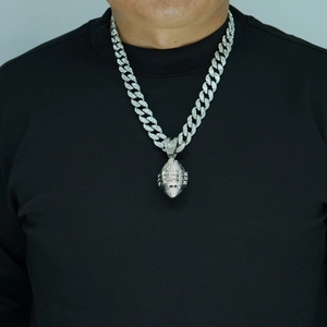 Silver rugby pendant necklace with sparkling crystals on a cuban chain for men
