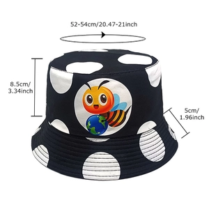 Black polka dot kids bucket hat with cartoon bee graphic and size specifications