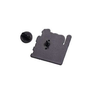 Back view of black alloy brooch pin with butterfly clutch fastener on white background