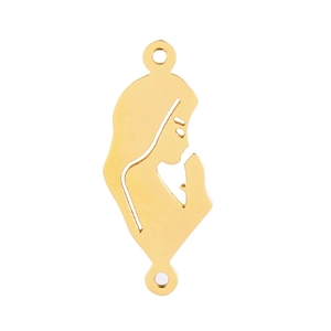 Macro detail of golden stainless steel praying girl charm with dual connection holes
