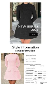 Detail view of pink and black long sleeve tweed A-line dresses with fabric specifications