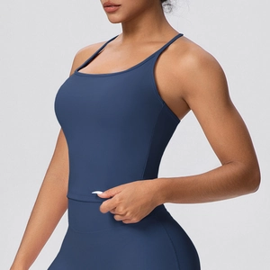 Detailed side view of high-elasticity dark blue yoga tank top and leggings set