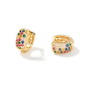 Retro C-shaped gold huggie earrings with colorful zirconia stones on white background