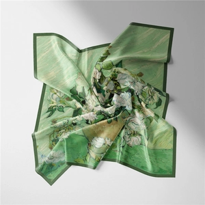 Detail of silk scarf with Van Gogh White Roses oil painting print and green floral texture
