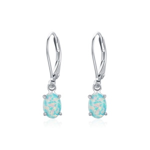 Elegant s925 silver lever-back hoop earrings featuring oval blue fire opal gemstones