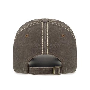 Brown vintage washed canvas baseball cap with contrast stitching and metal adjustment buckle