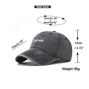 Paramètres de taille détaillés de la casquette de baseball en coton délavé avec broderie Colorado