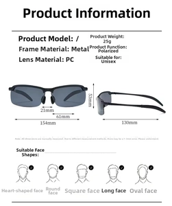 Detailed size chart for photochromic polarized sunglasses with full metal frame dimensions