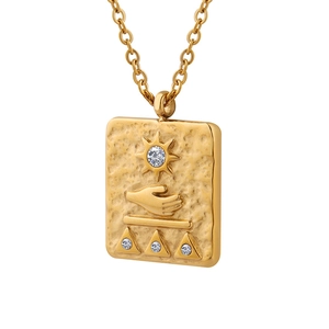 Gold square sun pendant necklace with hammered texture and cubic zirconia inlay