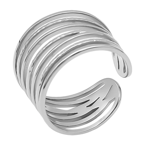 Detailed view of wide multi-layer woven silver ring with polished crisscross bands