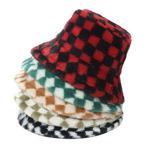 Checkerboard Pattern Plush Bucket Hat Warm Faux Fur Winter Sun Basin Cap For Women Fashion Casual