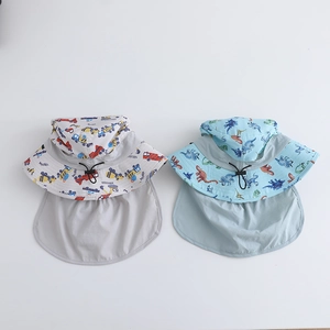 Kids quick-dry sun hats with car and dinosaur prints featuring long neck protection flaps