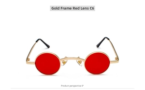 Steampunk style small round sunglasses with gold metal frame and red lenses C6 model