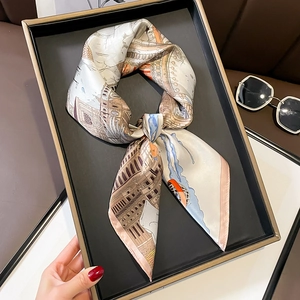 Elegant Mulberry Satin Square Scarf Women French Retro City Architecture Print Neck Kerchief Head Wrap Hair Band