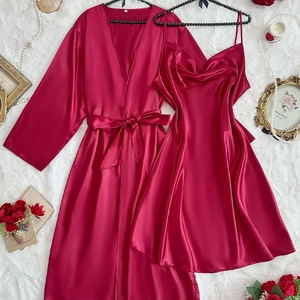 Luxurious dark red satin nightgown and matching long robe two-piece pajama set for women