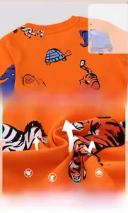 Detail of soft combed cotton fabric and ribbed neckline on orange animal print sweatshirt