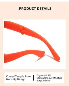 Detailed macro view of orange children's sunglasses showing ergonomic curved non-slip temples