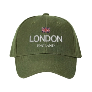 Army green baseball cap with Union Jack and London England embroidery on cotton twill