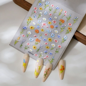 Spring floral 3D embossed nail stickers with daisies and lavender patterns for manicure