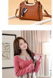 Detail of caramel quilted leather handbag featuring metal handle and decorative charms