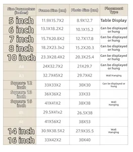 Detailed size guide for Nordic style picture frames including A3, A4, and inch variants