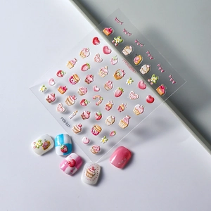 5D embossed strawberry and cake nail art stickers with 3D dessert designs for manicure