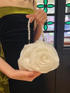 Rose Flower Shaped Evening Handbag Elegant Organza Fabric Party Purse With Faux Artificial Pearl Handle For Women Wedding Banquet