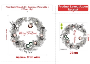 Detailed view of Merry Christmas wreath wall sticker with pine cones and dimensions