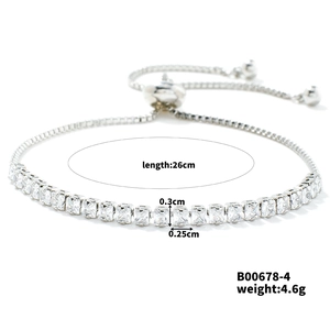 Detail view of adjustable silver tennis bracelet showing 26cm length and zircon size