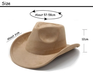 Classic khaki suede cowboy hat with 8cm brim and 58cm circumference measurement details
