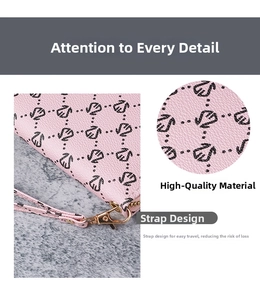 Détail de la texture cuir grainé rose et dragonne amovible sur le portefeuille long