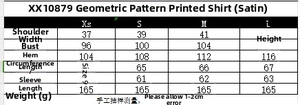Size chart showing measurements for geometric print satin shirt with long sleeves