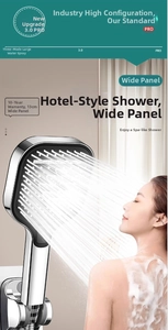Detail of 13cm square high pressure shower head with three spray modes and chrome finish