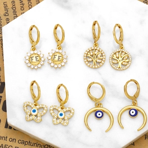 Evil Eye Tree Of Life Butterfly Moon Copper Hoop Earrings For Women Zircon Inlaid Gold Plated Jewelry Fashion