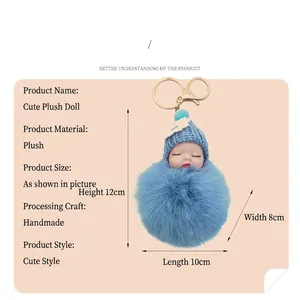 Cute blue plush pom pom baby doll charm keychain with gold clasp for girls bags