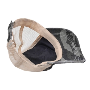 Distressed grey camo mesh trucker hat with washed finish and breathable net back